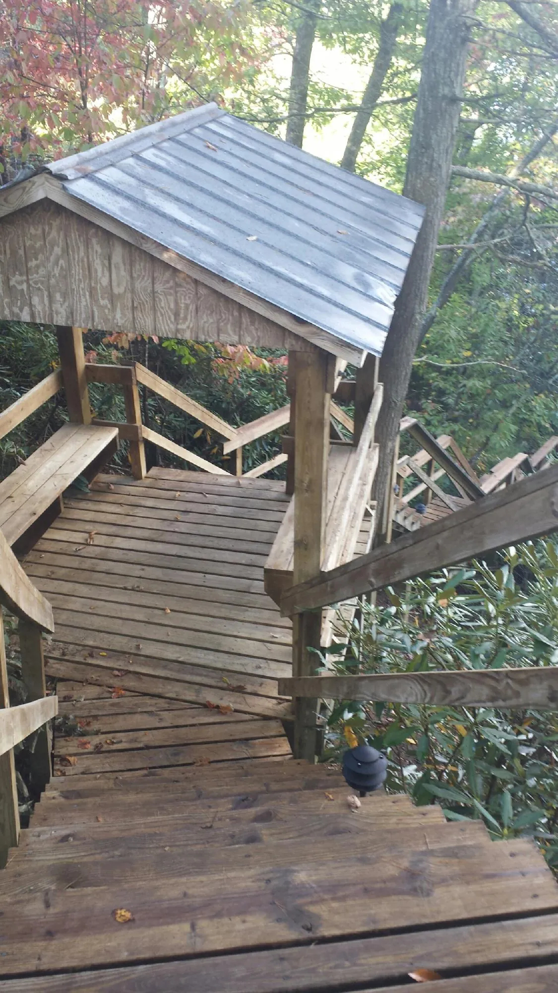 Metal roofed shelter over wooden steps on a wooded walkway — Skylight Repair & Installation work by our crew in Bossier City